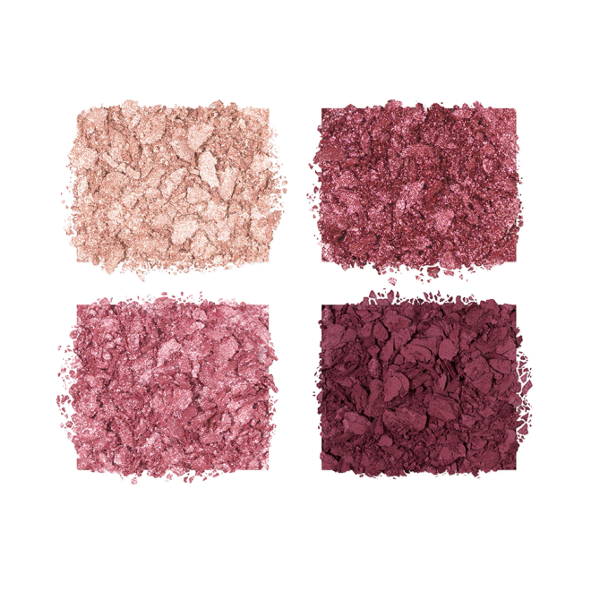 Swatches of crushed eyeshadows in shades of pink, plum, and champagne. 