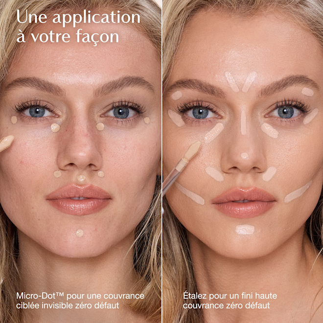 Infographie sur les méthodes d'application de l'Airbrush Flawless Concealer Comparaison de deux méthodes d'application de l'anticernes : technique Micro-Dot™ pour une couvrance effet flouté invisible à gauche et technique de balayage pour une couvrance totale à droite.