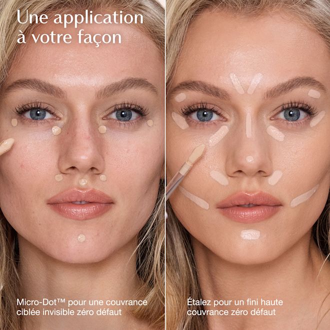 Infographie sur les méthodes d'application de l'Airbrush Flawless Concealer Comparaison de deux méthodes d'application de l'anticernes : technique Micro-Dot™ pour une couvrance effet flouté invisible à gauche et technique de balayage pour une couvrance totale à droite.