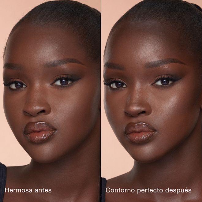 ESUS Contour Wand B&A Deep 1000x1000 Side-by-side comparison of a person's face before and after makeup application. Left side labeled 'Beautiful before' shows natural features; right side labeled 'Sculpted after' shows enhanced contouring and highlighting for a more defined look.