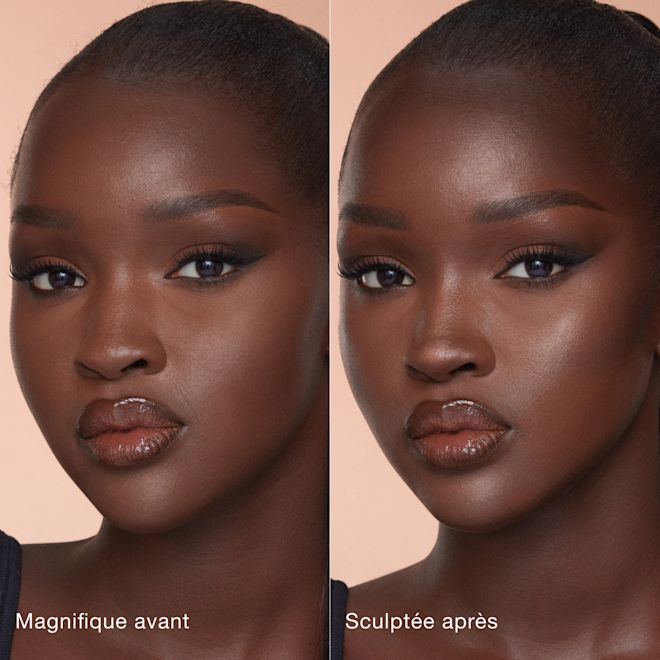 FR Contour Wand B&A Deep 1000x1000 Side-by-side comparison of a person's face before and after makeup application. Left side labeled 'Beautiful before' shows natural features; right side labeled 'Sculpted after' shows enhanced contouring and highlighting for a more defined look.
