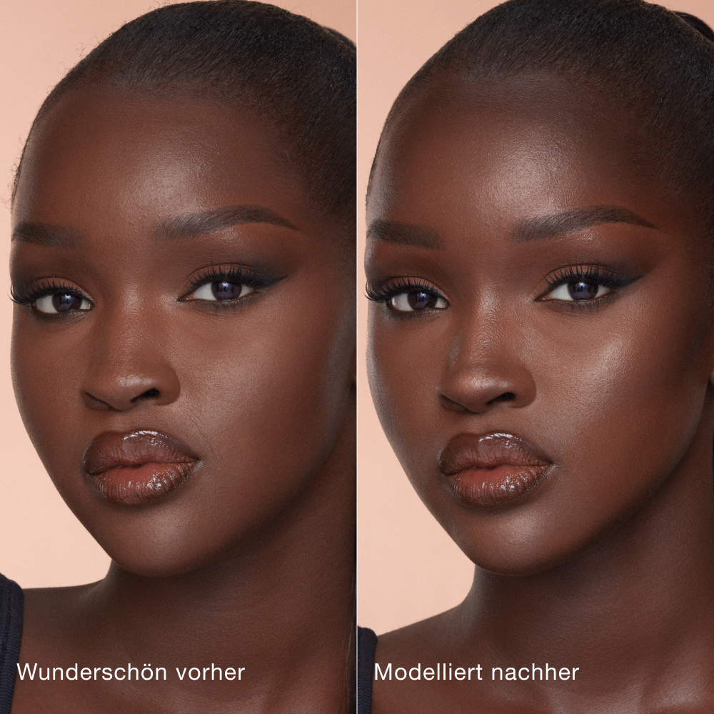 Side-by-side comparison of a person's face before and after makeup application. Left side labeled 'Beautiful before' shows natural features; right side labeled 'Sculpted after' shows enhanced contouring and highlighting for a more defined look.