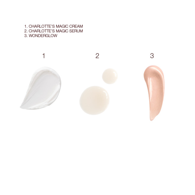 Swatches of a pearly-white face cream, glowy ivory-coloured serum, and glowy pink-beige-coloured face primer.
