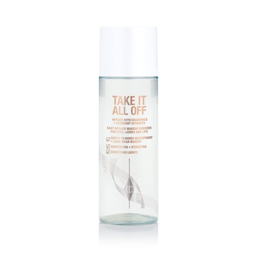 Makeup remover in a clear bottle with text on it that reads, 'Take it all off' with a white-coloured lid.