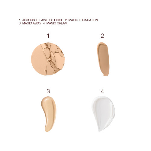 Swatches of a pressed powder in light beige, liquid foundation in light brown, liquid concealer in a light shade, and pearly-white face cream.