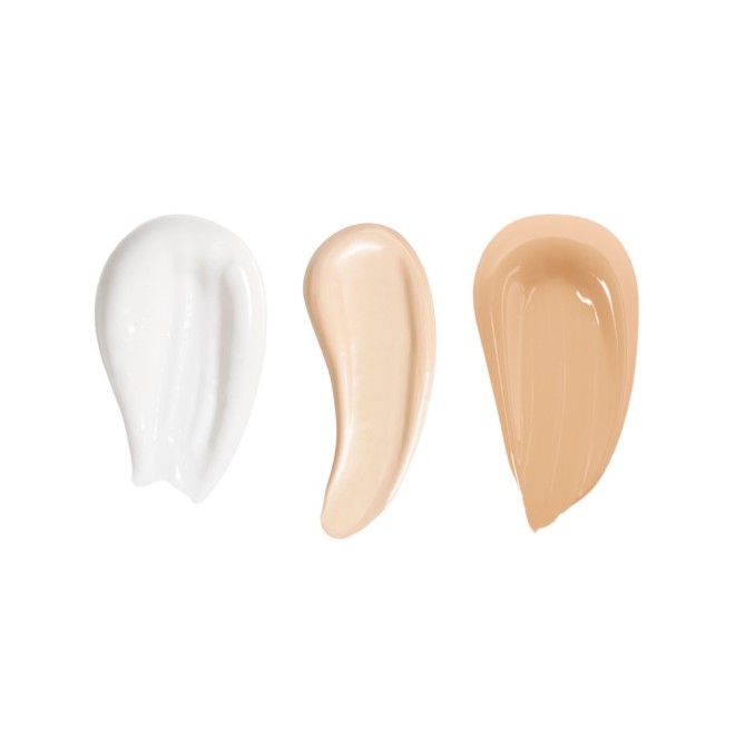 Swatches of a pearly-white face cream, creamy liquid concealer in a light beige shade, and glowy liquid foundation in a dark beige shade.