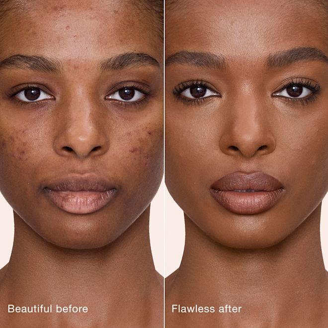 Airbrush Flawless Concealer - 13 Deep before and after Side-by-side comparison showing skin before and after applying Charlotte Tilbury Airbrush Flawless Concealer, with text labels 'Beautiful before' and 'Flawless after'.