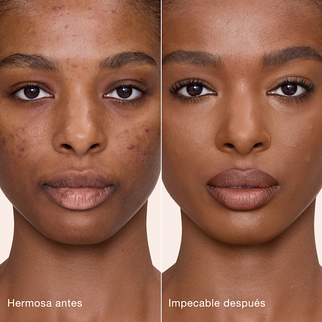 Antes y después de usar Airbrush Flawless Concealer en el tono 13 Deep Comparación paralela que muestra la piel antes y después de aplicar el corrector Charlotte Tilbury Airbrush Flawless Concealer con las etiquetas de texto "Preciosa antes", "Impecable después".