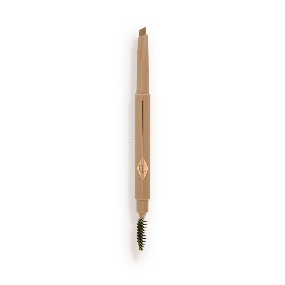 A double-ended eyebrow pencil and spoolie brush duo in a taupe shade with golden-taupe-coloured packaging 