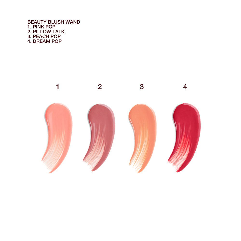 A texture swatch of four shades of liquid blushes in bright pink, rose pink, peach pink and red-pink. 