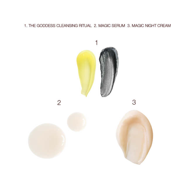 Swatches of two facial cleansers, one yellow and the other black, a cream-coloured facial serum, and a thick, dark champagne-coloured night cream. 