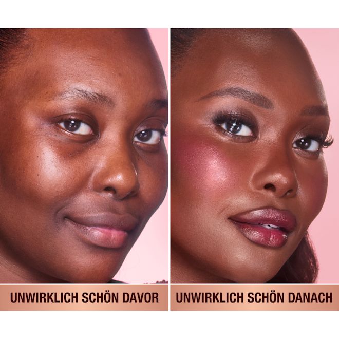 Unreal Blush Berry Glow Vorher und Nachher Vorher und nachher von Model mit dunklem Hautton mit und ohne Rouge.
