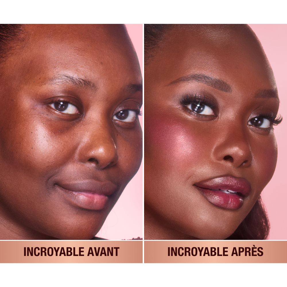 Avant/Après d'un mannequin à la peau foncée avec et sans blush. 