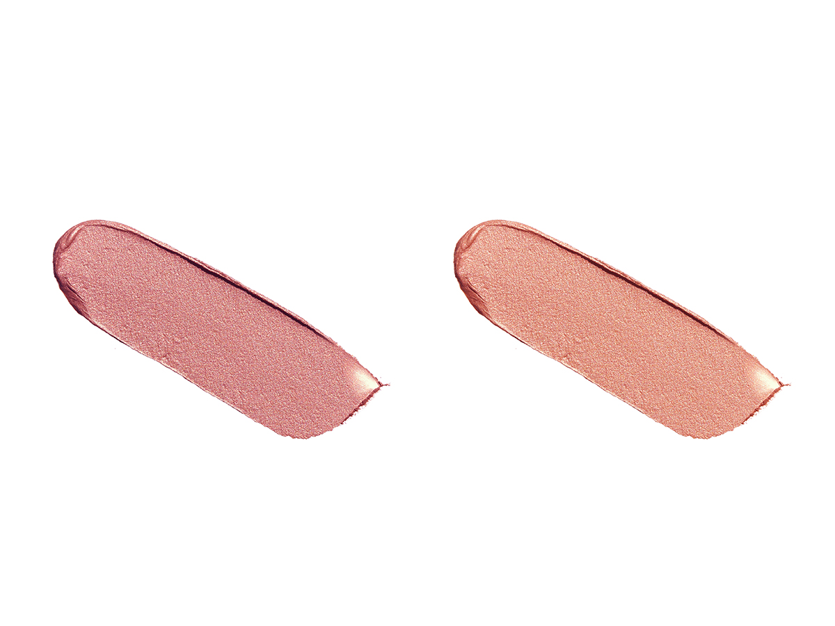 Swatches of two cream eyeshadows in rose gold and coppery gold. 