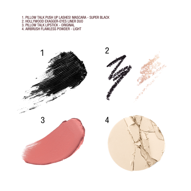 Filmstar On the Go makeup kit swatches Swatches of black mascara, double-sided eyeliner pencils in black and nude beige, nude pink matte lipstick, and pressed powder compact in a light shade.