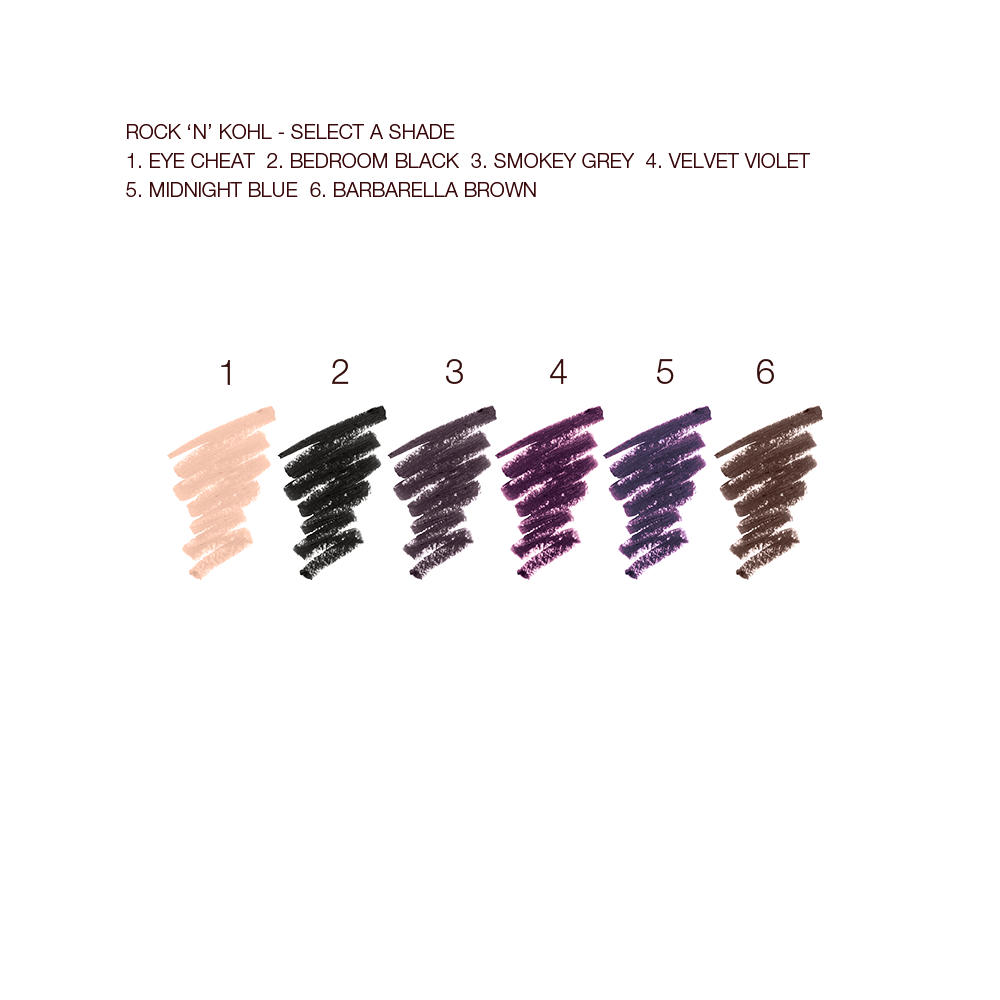 Swatches of six kohl liner pencils in shades of beige, black, grey, light and dark purple, and dark brown.