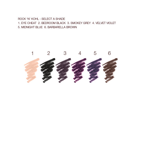 Swatches of six kohl liner pencils in shades of beige, black, grey, light and dark purple, and dark brown.