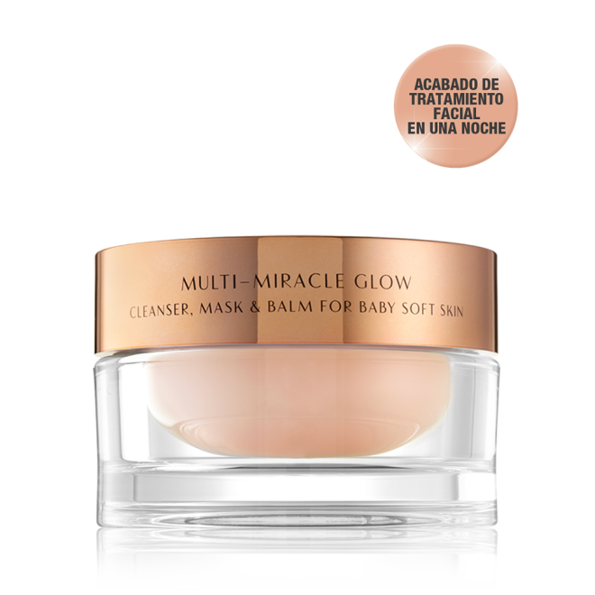 A 3-in-1 face fawn-coloured cleanser, mask, and balm in a glass jar with gold-coloured lid.