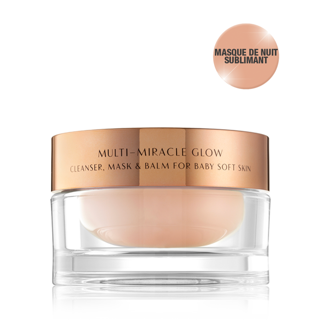 A 3-in-1 face fawn-coloured cleanser, mask, and balm in a glass jar with gold-coloured lid.