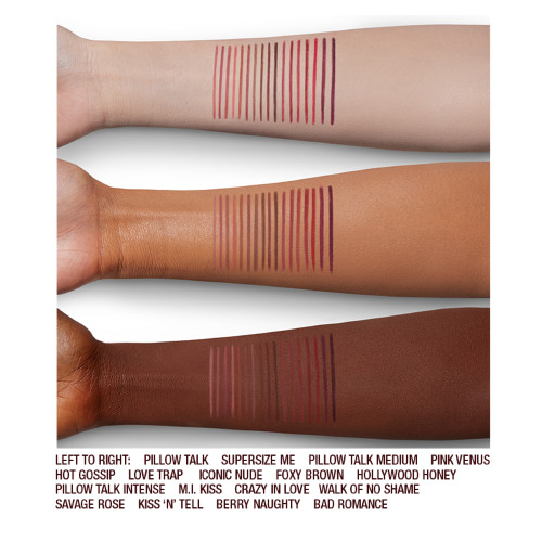 Fair, tan, and deep-tone arms with swatches of lip liner pencils in 17 shades of pink, brown red, purple, peach,  beige, and golden. 