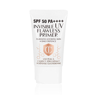 A primer in a white-coloured tube with a white-coloured lid with text on it that reads, 'invisible UV Flawless poreless primer SPF 50 PA++++'.