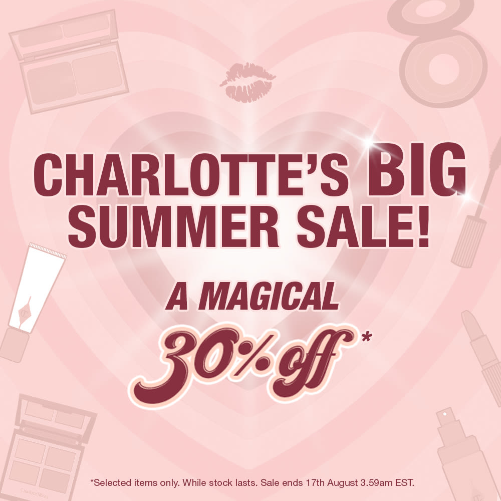 Pink colour banner with hearts in the background and text on the front that reads, 'Charlotte's BIG Summer Sale! A magical 30% off! Shop now'