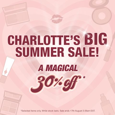 Pink colour banner with hearts in the background and text on the front that reads, 'Charlotte's BIG Summer Sale! A magical 30% off! Shop now'