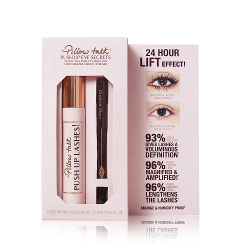 A light pink box with a mascara in a nude pink tube with a gold-coloured lid with Pillow Talk push up lashes! written on the tube along with an eyeliner pencil in a dark brown shade. 
