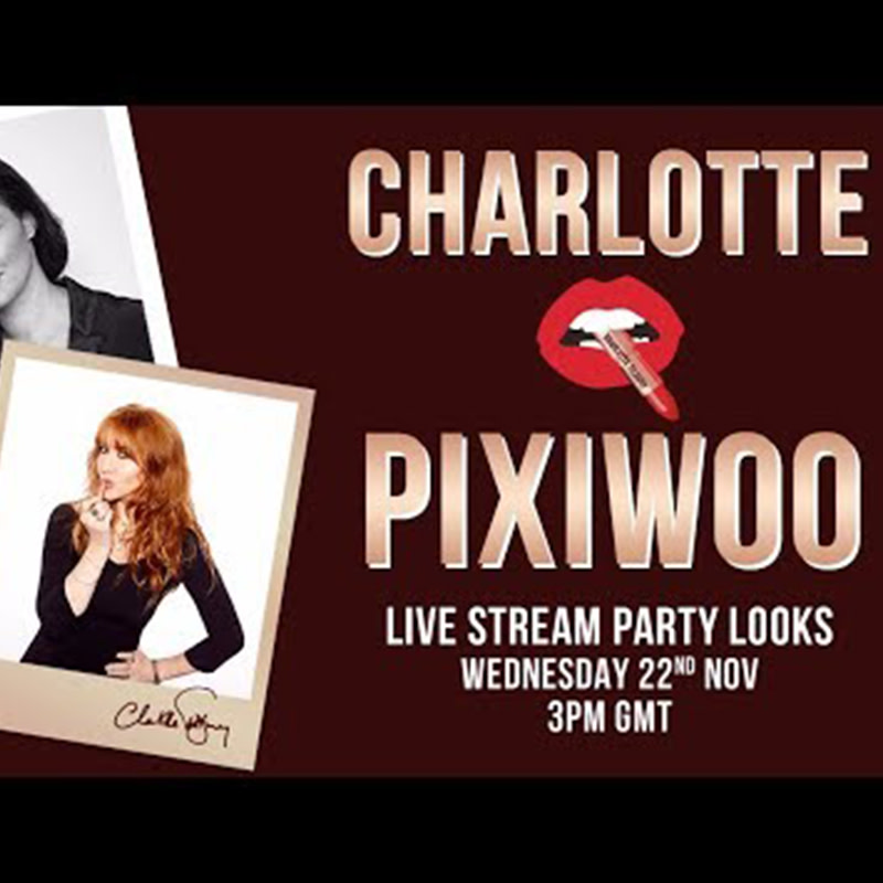 A banner with portraits of Charlotte Tilbury and Pixiwoo with text that reads, 'live stream party looks Wednesday 22nd November 3 pm GMT!'
