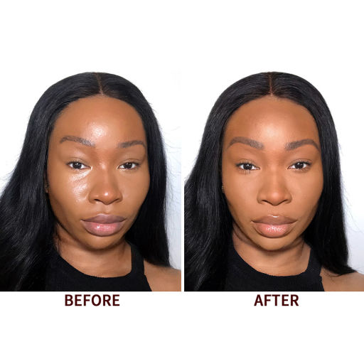Before and after of a deep-tone brunette model wearing nude pink makeup along with a pressed powder in tan colour that makes her skin looks matte and flawless. 