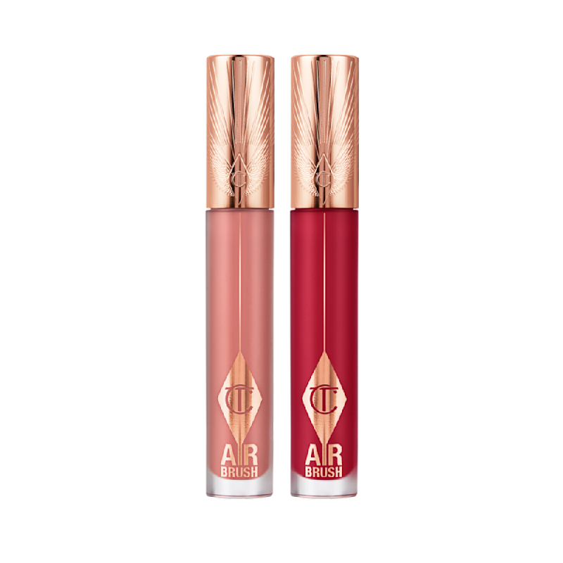 2 shades of Charlotte's Airbrush Flawless Lip Blur hydrating liquid lipstick in Pillow Talk Blur and Ruby Blur