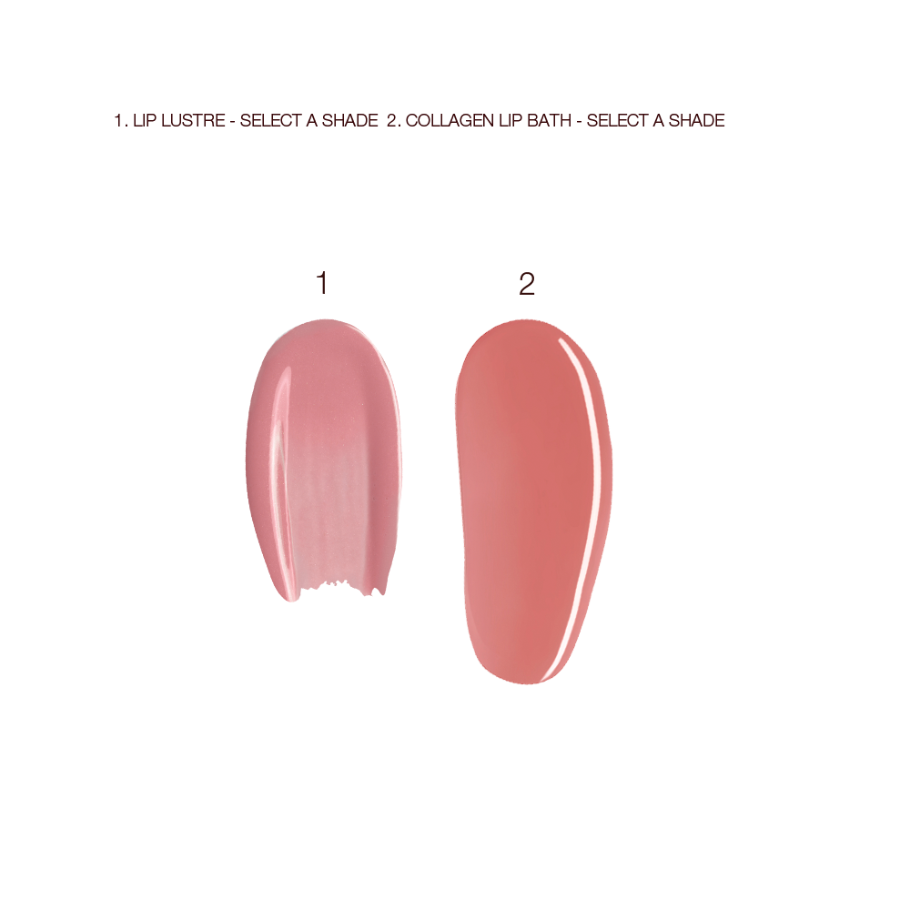 Swatches of two lip glosses, one a sheer berry shade and the other a nude pink. 