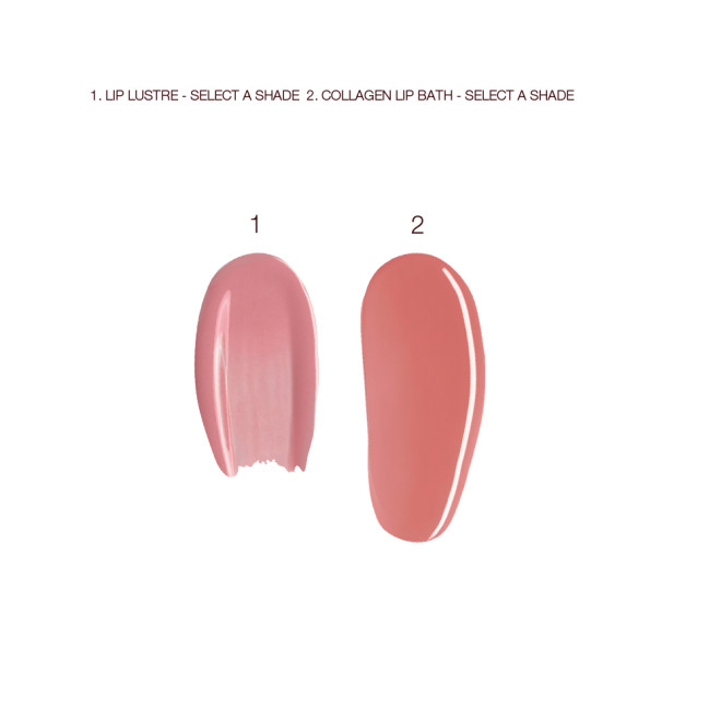 Swatches of two lip glosses, one a sheer berry shade and the other a nude pink. 