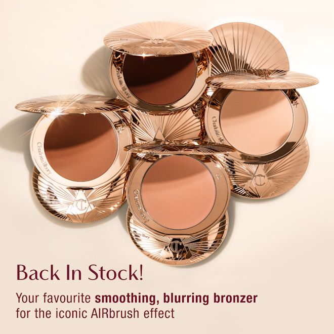 Airbrush Bronzer Back In Stock Infographic Five open compacts of Charlotte Tilbury bronzer with rose gold packaging, arranged in a circular pattern. Text reads 'Back In Stock! Your favourite smoothing, blurring bronzer for the iconic AIRbrush effect.