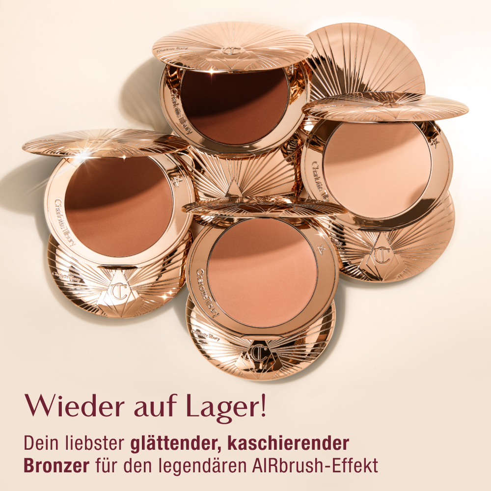 Five open compacts of Charlotte Tilbury bronzer with rose gold packaging, arranged in a circular pattern. Text reads 'Back In Stock! Your favourite smoothing, blurring bronzer for the iconic AIRbrush effect.