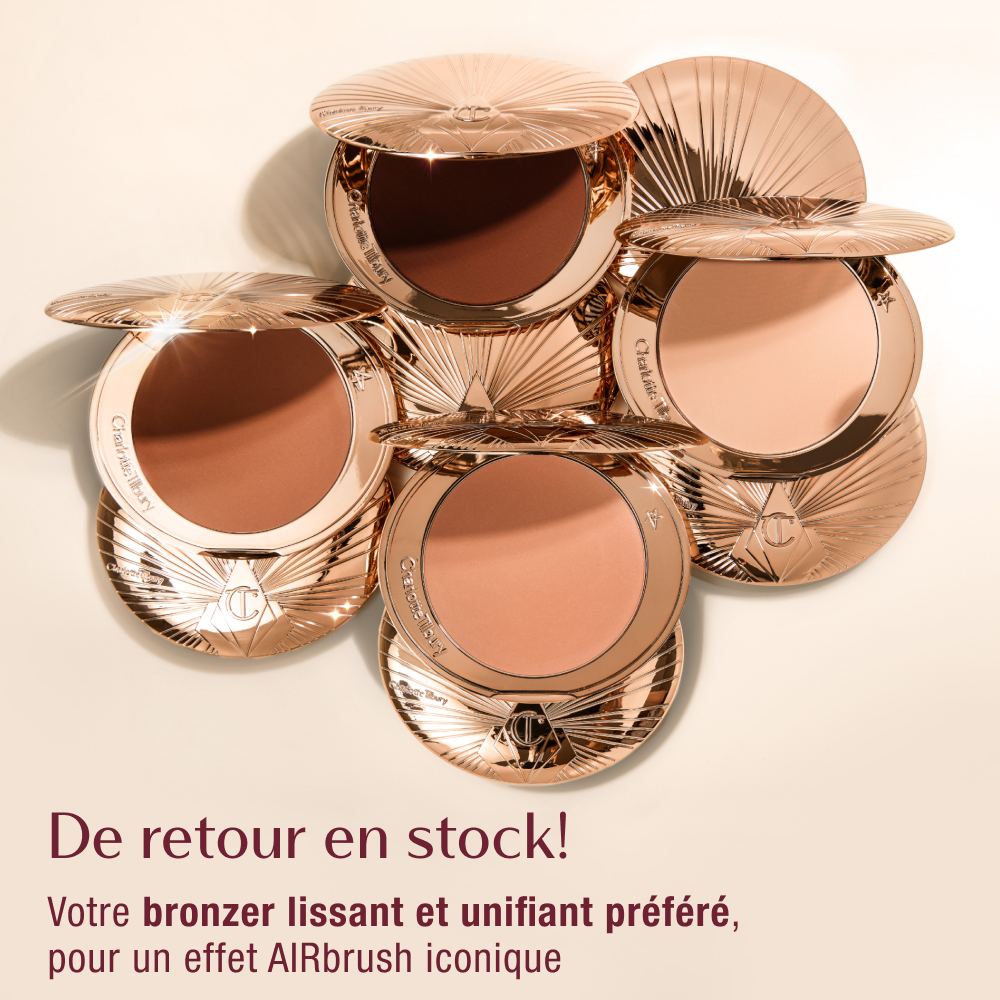 Five open compacts of Charlotte Tilbury bronzer with rose gold packaging, arranged in a circular pattern. Text reads 'Back In Stock! Your favourite smoothing, blurring bronzer for the iconic AIRbrush effect.