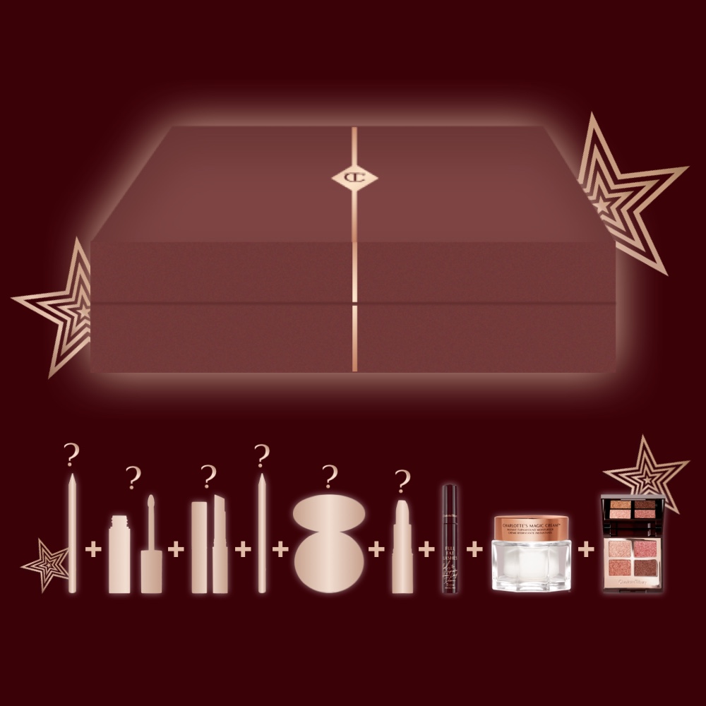 Banner with a brown-red-coloured gift box with illustrations of nine skincare and makeup mystery items that are included in it.
