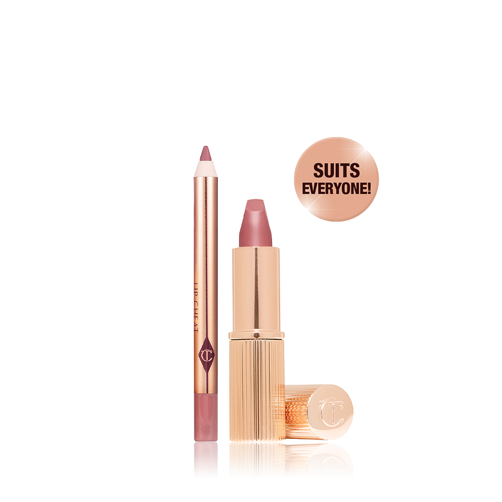 Mini Pillow Talk Lip Kit with travel-sized nude-pink lipstick and lip liner that suits everyone