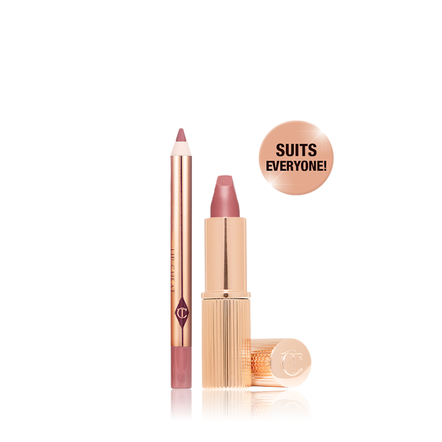 Mini Pillow Talk Lip Kit with travel-sized nude-pink lipstick and lip liner that suits everyone