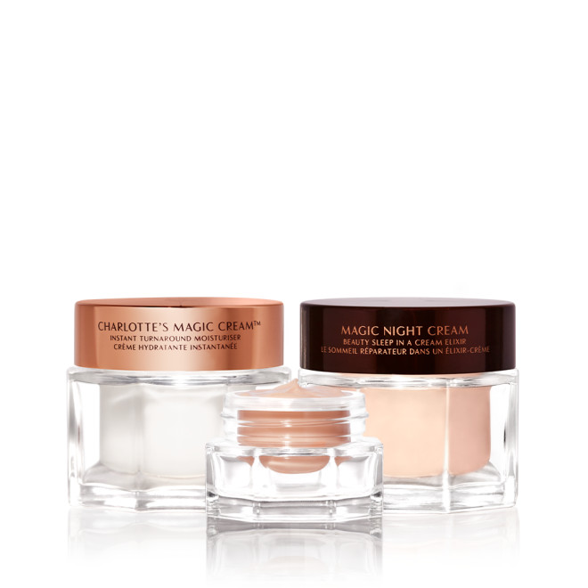 Banner with pearly-white face cream, fawn-coloured eye cream, and peach-coloured night cream in glass jars with sleek lids.