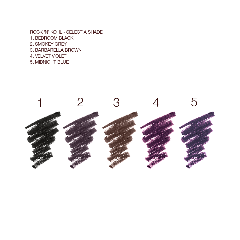 Swatches of five kohl liner pencils in shades of black, grey, light and dark purple, and dark brown.