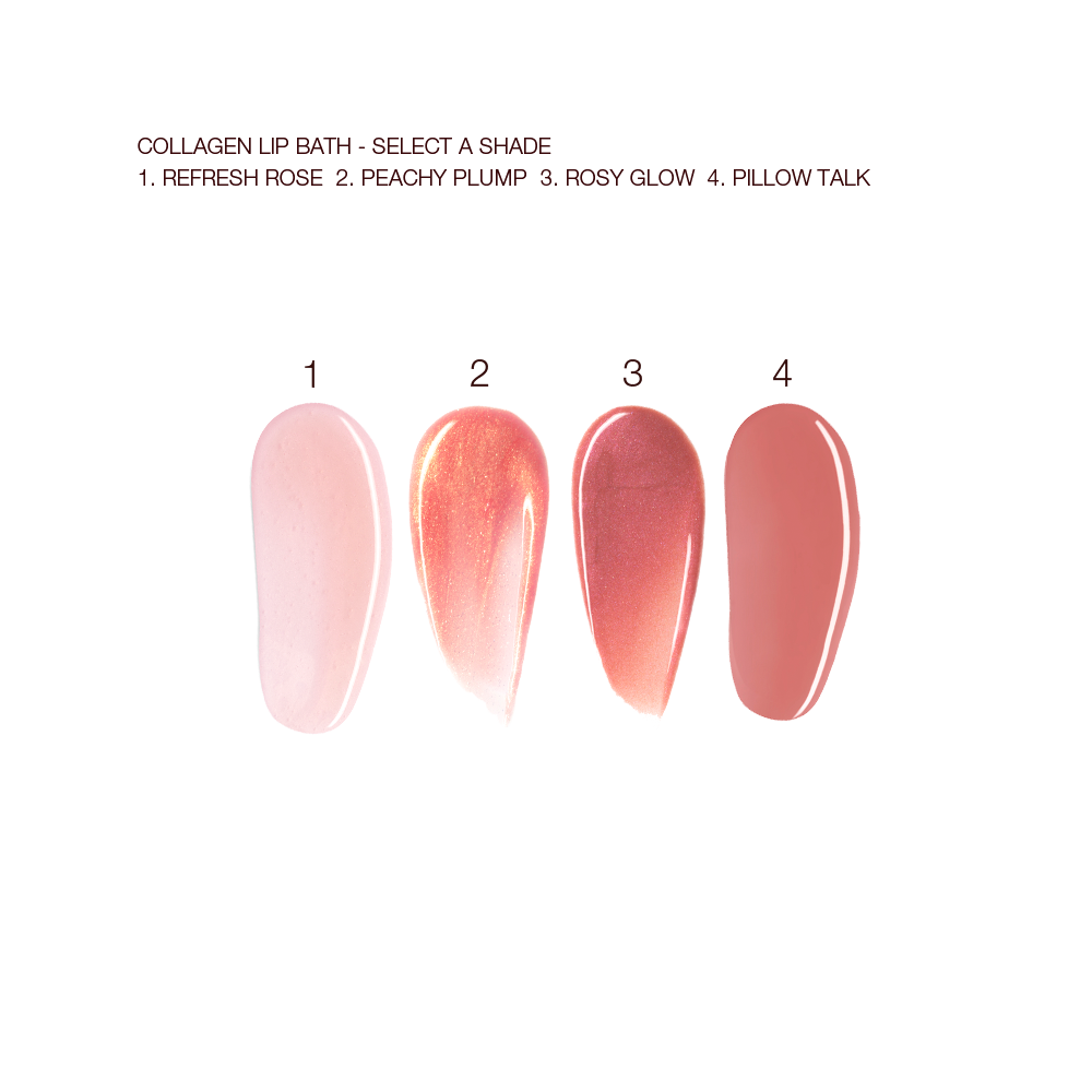 Swatches of four lip glosses in shades of light pink, coral-peach, rose-pink, and brown-pink colours. 