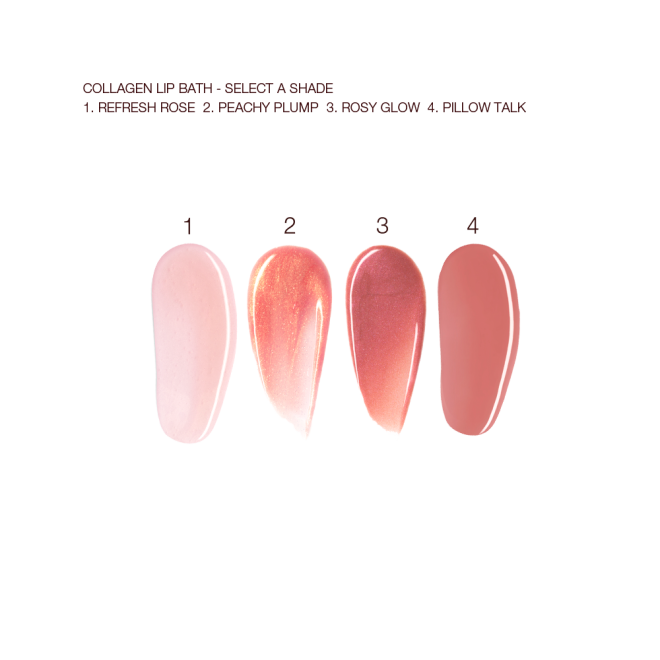 Swatches of four lip glosses in shades of light pink, coral-peach, rose-pink, and brown-pink colours. 