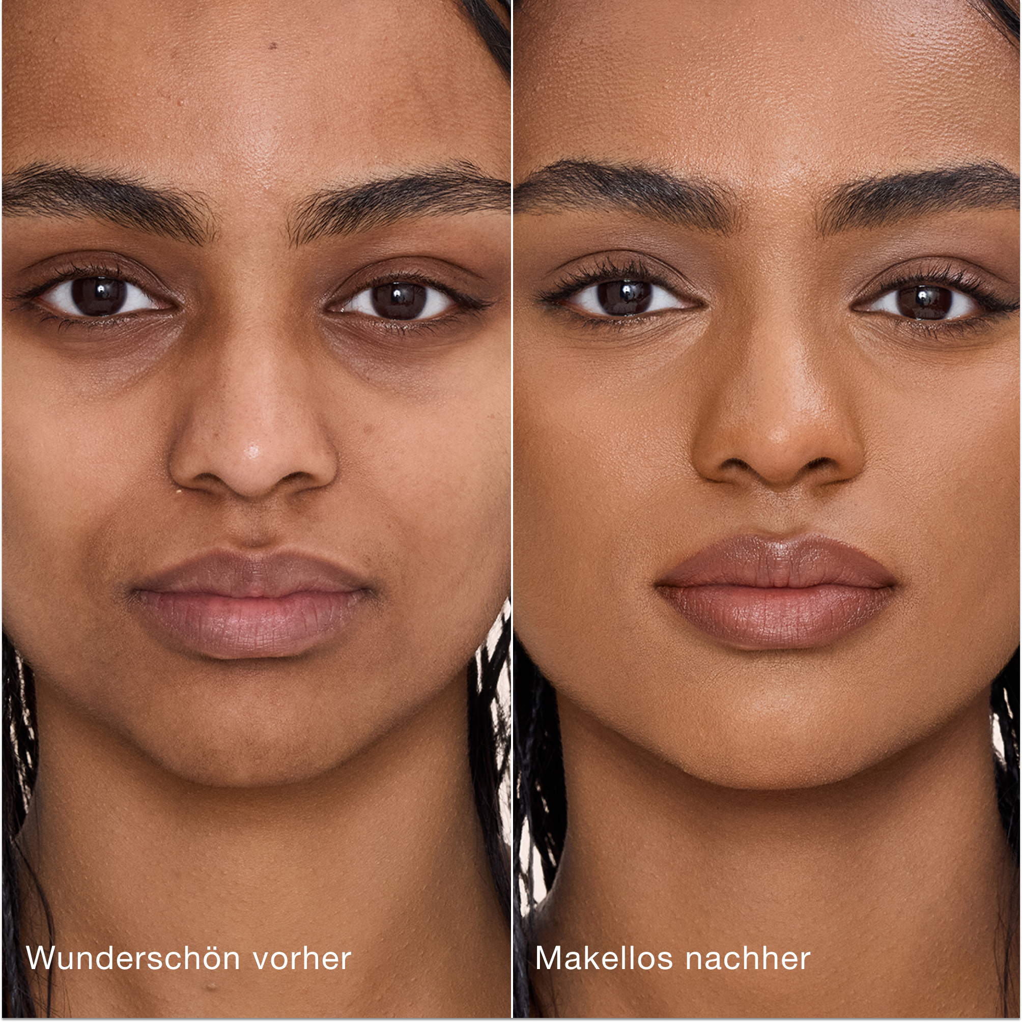 Ein direkter Vergleich zeigt die Haut vor und nach dem Auftragen des Charlotte Tilbury Airbrush Flawless Concealers mit den Beschriftungen „Wunderschön vorher“ und „Makellos nachher“.
