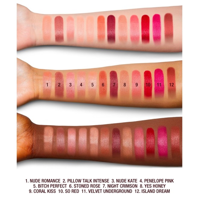 Fair, tan, and deep-tone arms with swatches of twelve lipsticks with satin finishes in shades of peach, beige, brown, pink, purple, red, fuchsia, magenta, coral, orange, and golden.