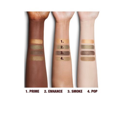 Dark, tan, and fair-tone arm swatches of matte and shimmery eyeshadows in shades of green and champagne. 