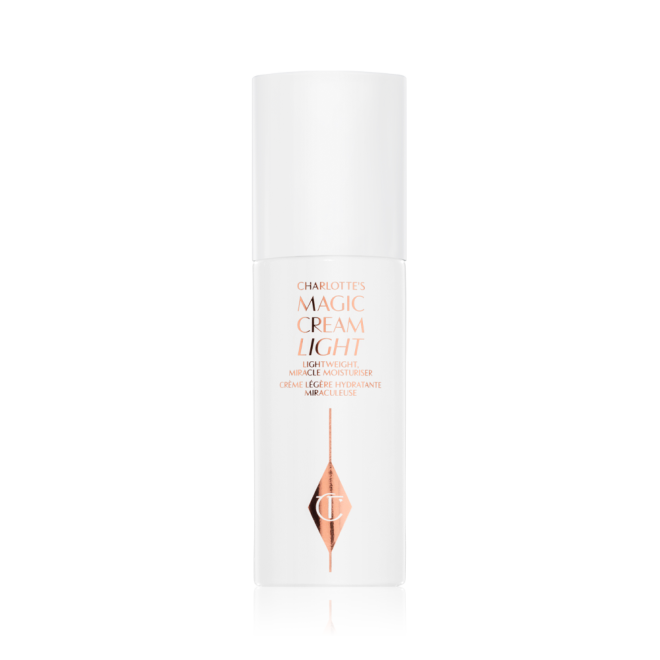 A light face cream in a white coloured bottle and white coloured-lid with text in rose-gold on the bottle. 