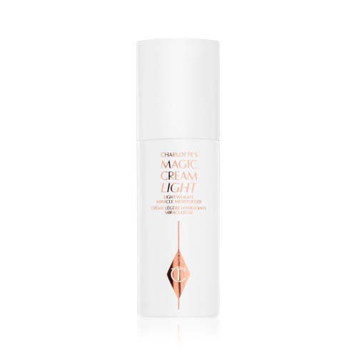 A light face cream in a white coloured bottle and white coloured-lid with text in rose-gold on the bottle. 