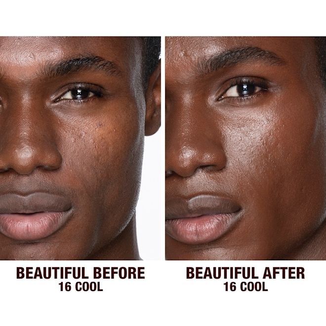 Beautiful Skin Foundation in 16C on dark-tone model before and after Before and after shots of a deep-tone male model without any makeup and then wearing glowy, flawless skin, wearing skin-like foundation that adds a youthful glow and looks natural along with nude pink lipstick and subtle everyday eye makeup.