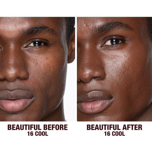 Before and after shots of a deep-tone male model without any makeup and then wearing glowy, flawless skin, wearing skin-like foundation that adds a youthful glow and looks natural along with nude pink lipstick and subtle everyday eye makeup.
